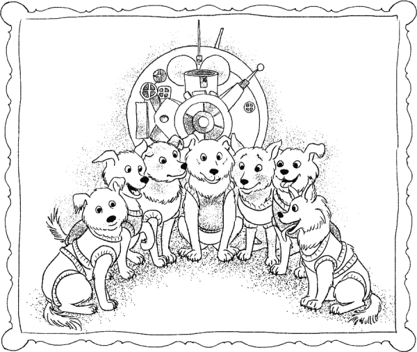 Белка и стрелка в космосе раскраска