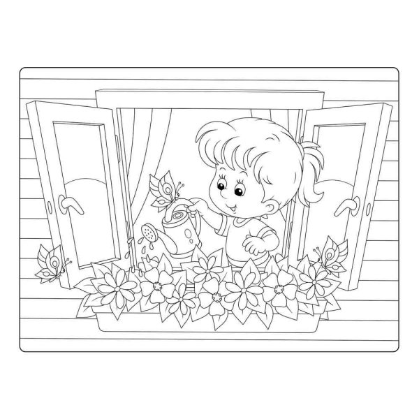 Цветы на подоконнике раскраска