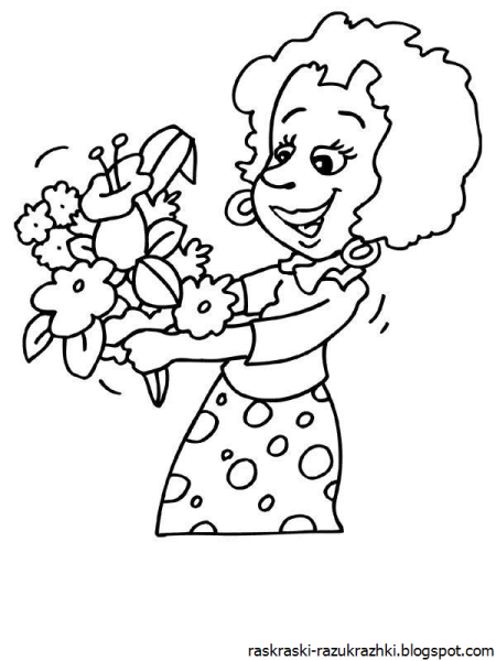 Раскраска мама с цветами для детей