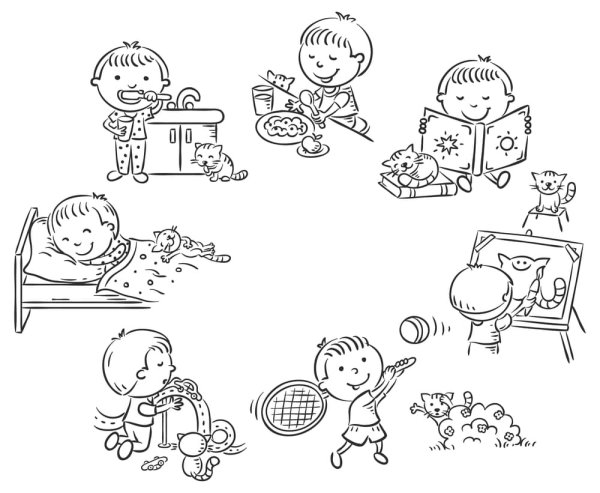 Распорядок дня школьника раскраска