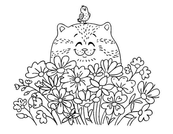 Кошечка с цветами раскраска