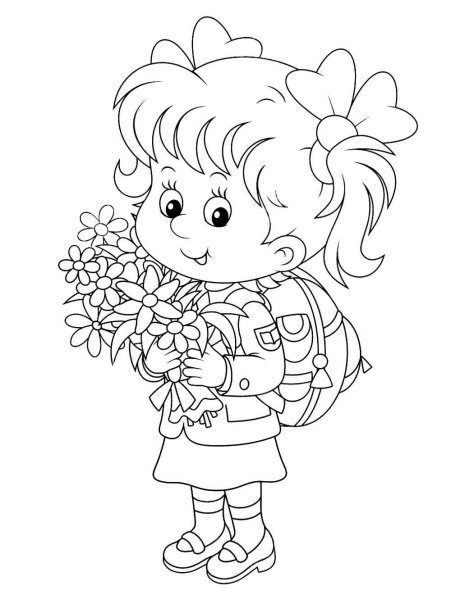 Первоклассник с цветами раскраска