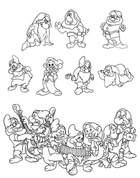 Гномы из Белоснежки раскраска