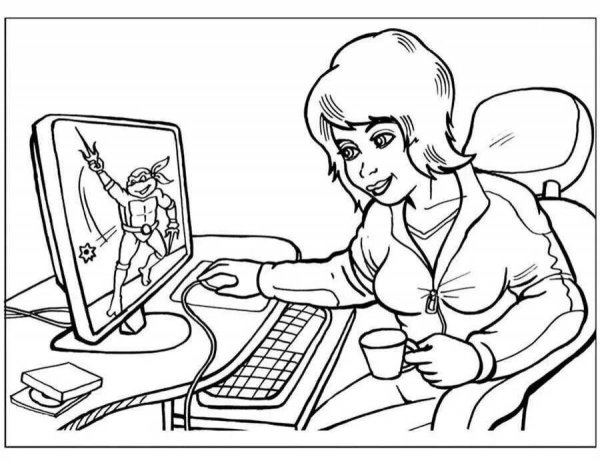 Раскраска женщина за компьютером