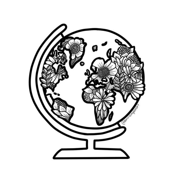 Глобус и цветы рисунок