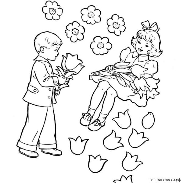 Мальчик и девочка с цветами раскраска