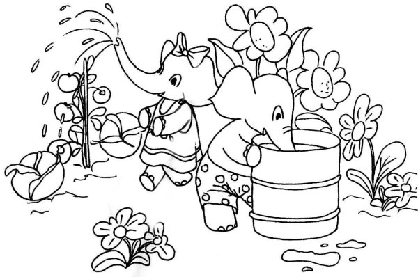 Слоник с цветами раскраска