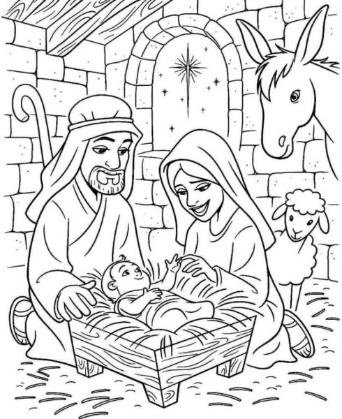 Раскраска Мария и Иосиф в хлеву