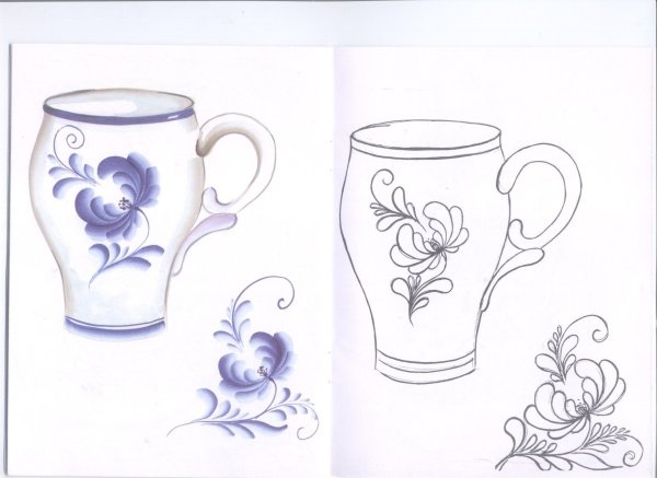 Рис Гжель тарелка чашка кувшин гуашь