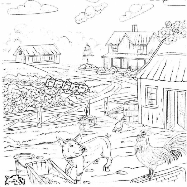 Деревенский пейзаж раскраска