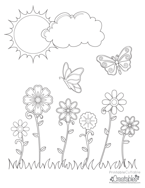 Раскраска Цветочная Полянка с бабочками