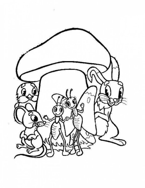 Раскраска по сказке Сутеева под грибом