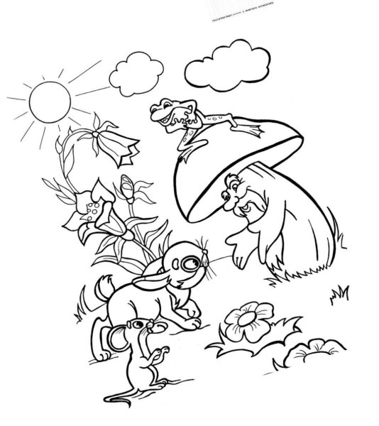 Раскраска по сказке Сутеева под грибом