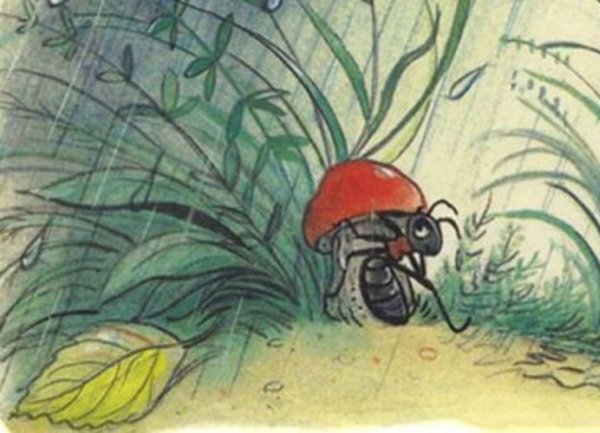 Сутеев под грибом муравей