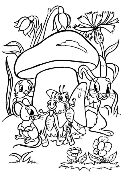 Раскраска к сказке под грибом Сутеев