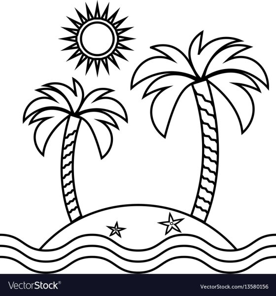 Раскраска море пальмы и солнце