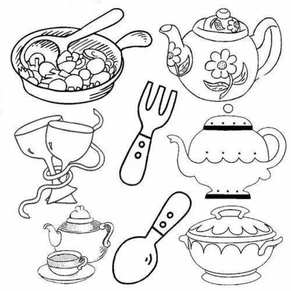 Раскраска кухонная посуда