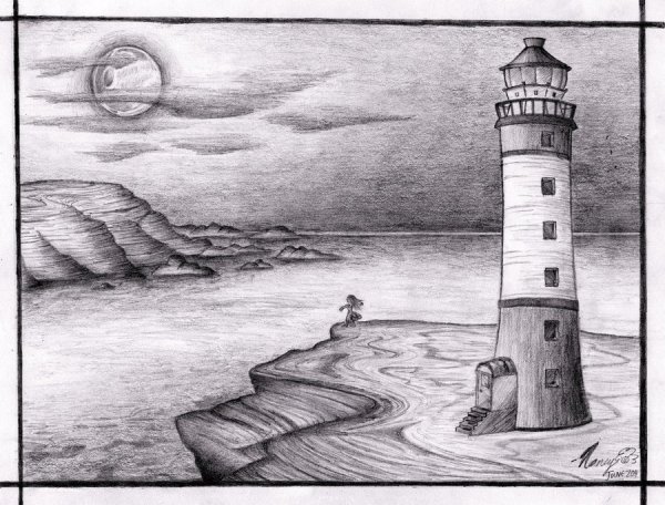 Маяк на море карандашом