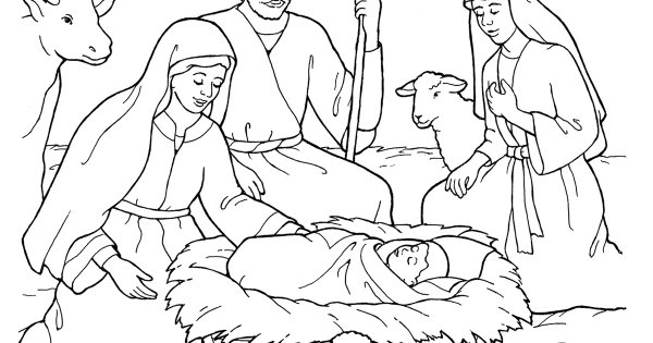 Мария, Иосиф и младенец в вертепе раскраска