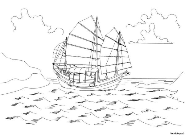 Раскраска море и корабль