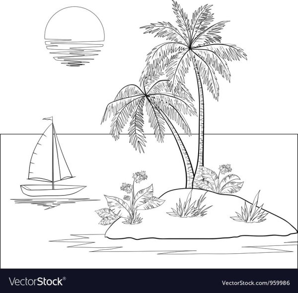 Пальма и море рисунок карандашом