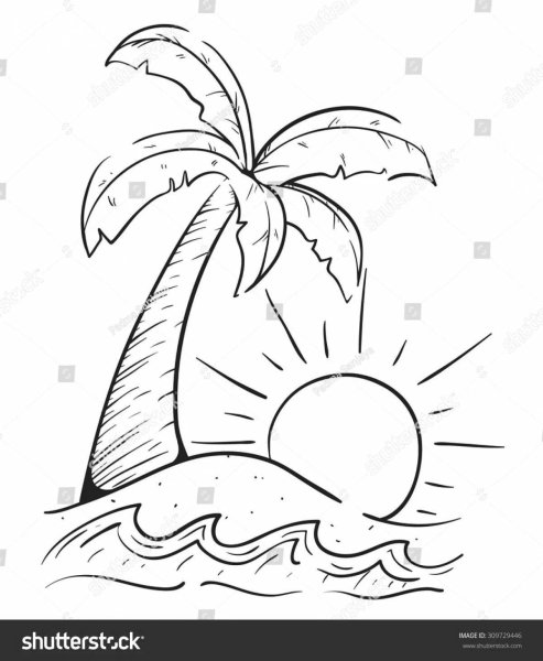 Раскраска остров с пальмой на закате