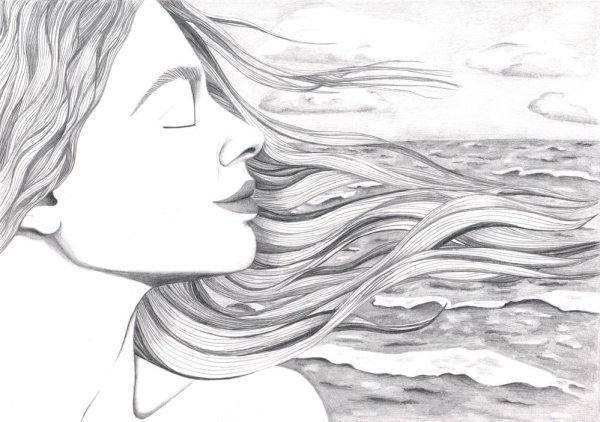 Девочка на море карандашом