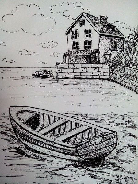 Эскиз дома у моря карандашом