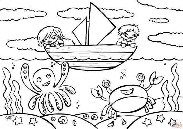 Раскраска лодка на реке мальчик и девочка