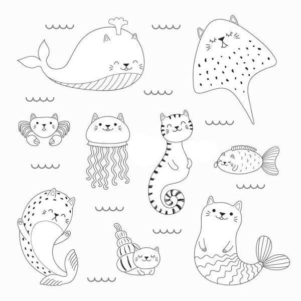 Котик Русалка раскраска