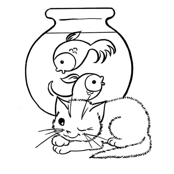 Раскраска котик с рыбкой