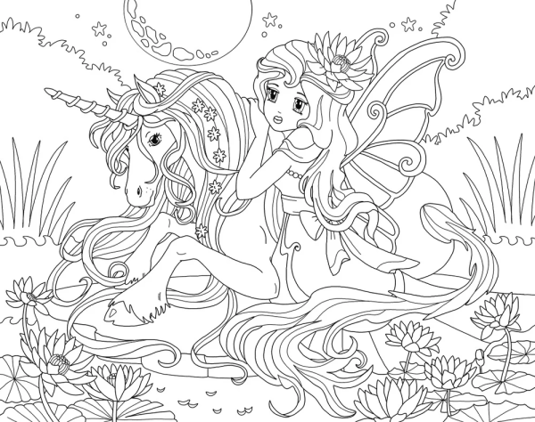 Раскраска для девочек Единорог и принцесса