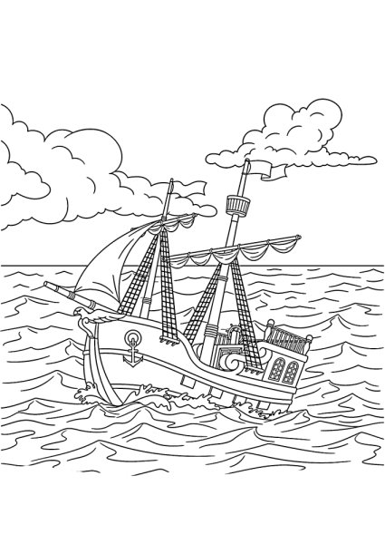 Раскраска корабль в море с волнами