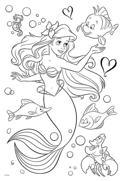Раскраски для девочек принцессы Диснея Ариэль Русалка
