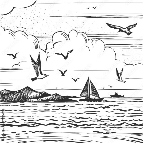 Контурный рисунок морской пейзаж