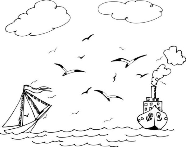 Раскраска море с чайками