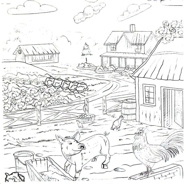 Деревенский пейзаж раскраска