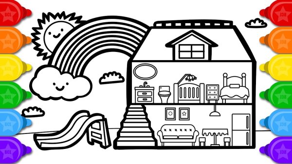 Домик с радугой раскраска