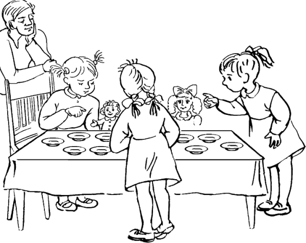Дети за столом раскраска для детей