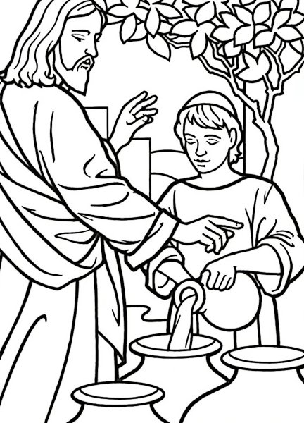Первое чудо Иисуса Христа в Кане Галилейской раскраски