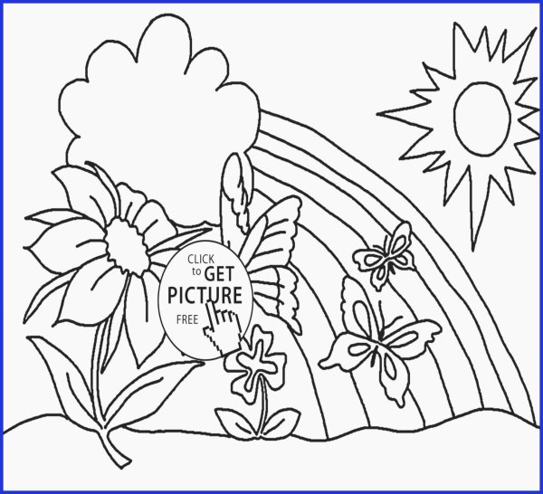 Раскраска Радуга с цветами и бабочками