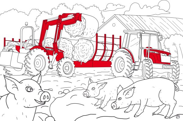 Раскраска трактор Кировец с прицепом