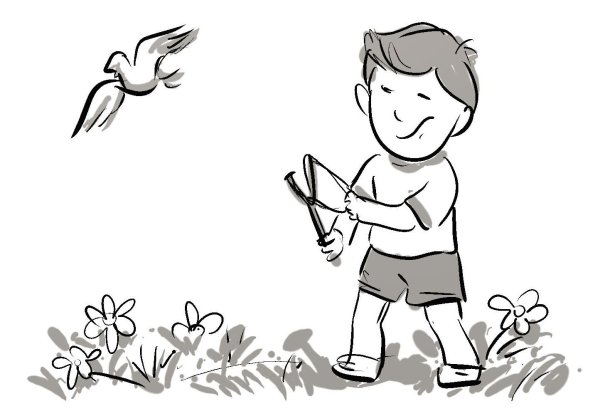 Мальчик стреляет из рогатки в птиц