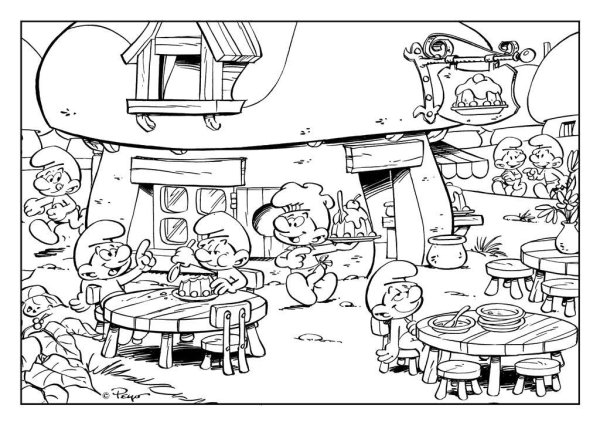 Домики смурфиков раскраска