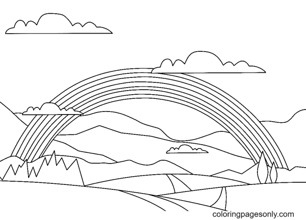 Раскраска радуги над холмами
