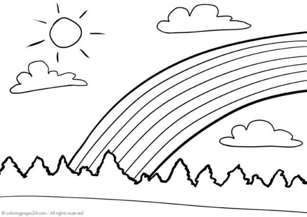 Раскраска пейзаж с радугой