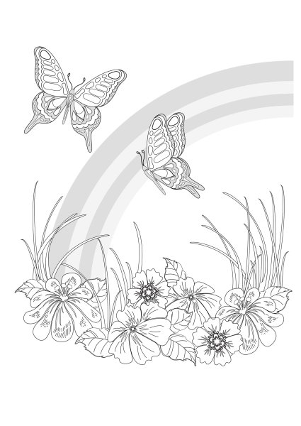 Раскраска луг с цветами и бабочками