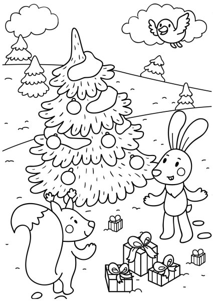 Новогодний зайчик с елочкой раскраска