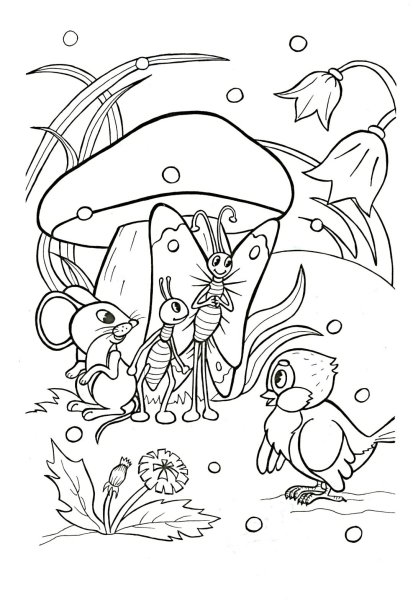 Раскраска по сказке Сутеева под грибом