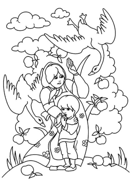 Раскраски к сказке гуси лебеди для детей